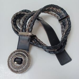 Chicos Belt‎ Black Gray Woven with Large Rhinestone Buckle Womens Medium
